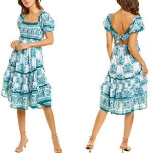 NWT Celina Moon Turquoise White Floral Tiered Puff Sleeve Prairie Midi Dress - S
